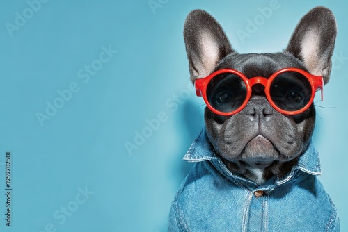 Cute bulldog wearing red sunglasses and denim jacket on blue studio background. Closeup portrait. Stylish trendy dog on colorful backdrop. Playful fashion vibe. Happy puppy. Pet party. Poster, card