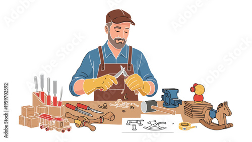 Artisan Crafting: A skilled craftsman meticulously shapes a wooden creation at his workbench, surrounded by an array of tools and materials