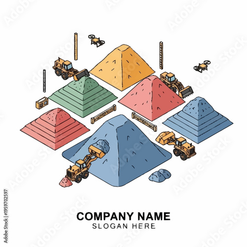 Construction site with bulldozers and piles of sand and gravel, illustrating industrial material handling and logistics.