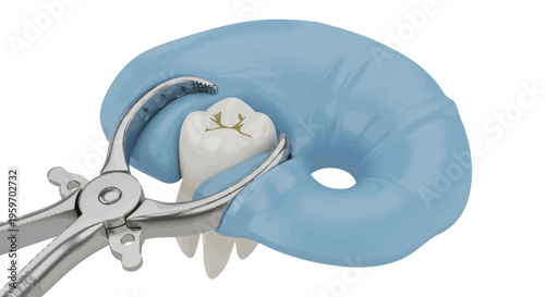 Dentist uses extraction forceps on a tooth with a blue rubber dam