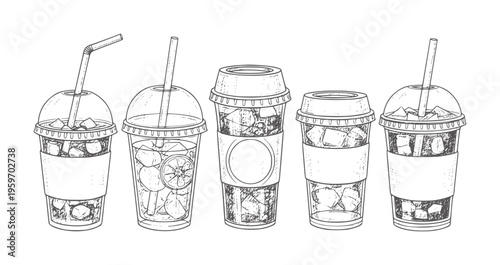 Five hand drawn iced drinks with straws and ice cubes beverage
