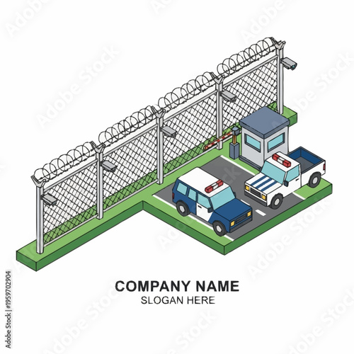 Isometric illustration of a secure perimeter fence with barbed wire, guard booth, and police vehicles at a checkpoint.