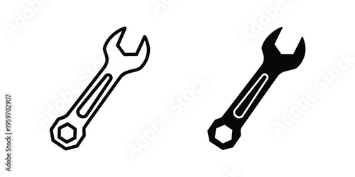 Two contrasting wrenches depicted in simple black and white line art styles
