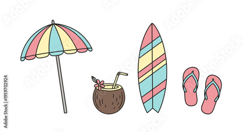 Beach scene with umbrella, coconut drink, surfboard, and flip flops on sand