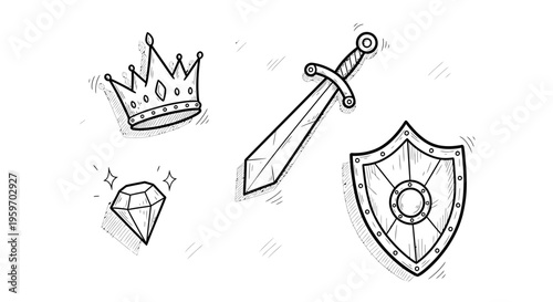 A medieval knight's crown, sword, shield, and diamond are displayed in a graphic illustration.