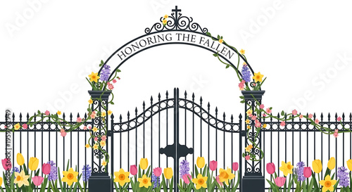 A beautiful vector graphic illustration of a black iron gate with flowers and a cross, honoring the fallen in a memorial or cemetery setting.
