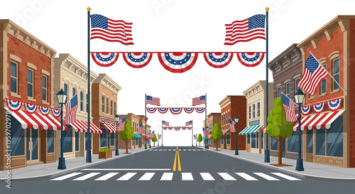 A vibrant illustration of a patriotic American street scene with flags and bunting