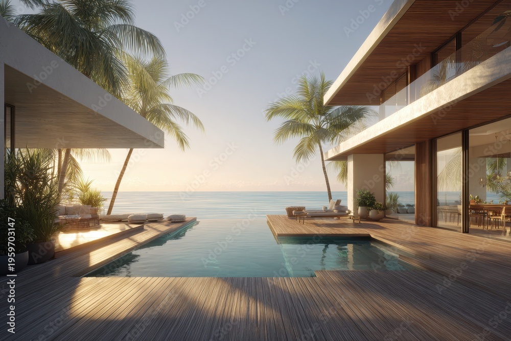 Fototapeta premium 3D render of a contemporary seaside villa exterior with timber deck, pool, and tropical landscaping