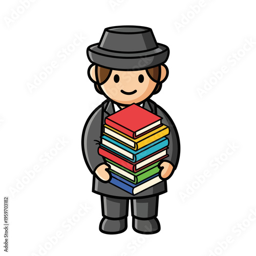Cartoon Man in Suit and Hat Holding Stack of Colorful Books.