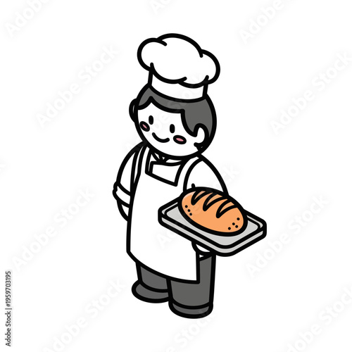 Cartoon Baker Proudly Presenting Freshly Baked Bread on a Tray.