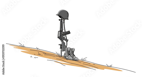 A solemn memorial illustration of a soldier's uniform and gear laid out in respect