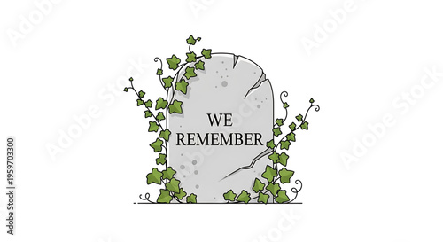 A minimalist vector graphic of a weathered tombstone with ivy and the words 'We Remember' for memorial or remembrance purposes