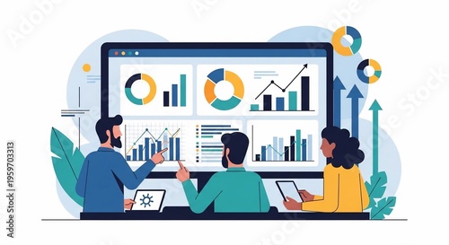 Business analytics team analyzing financial data on a large computer screen with charts and graphs.