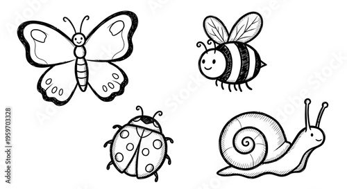 Insects and garden creatures are illustrated in a simple line drawing style.