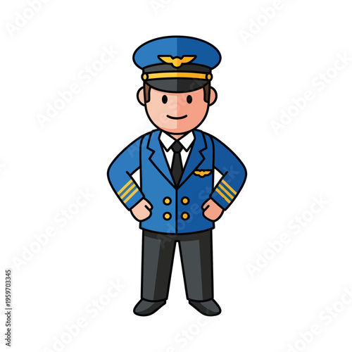 Cartoon Pilot in Uniform with Hands on Hips, Aviation Professional.