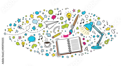 A creative workspace with an open notebook, surrounded by various colorful objects and icons, including a lamp, pencils, and a cup of coffee, on a desk indoors.