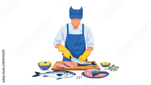 Precision in the Kitchen: A skilled culinary expert meticulously prepares fresh seafood on a wooden cutting board, ready for gourmet creation. The scene is a tribute to culinary expertise, freshness.