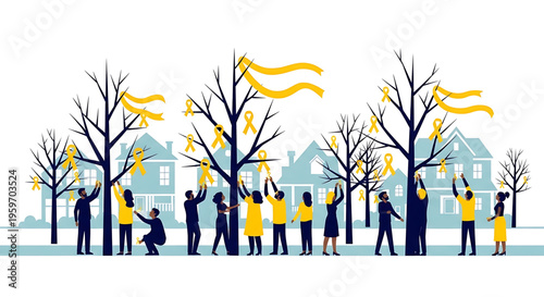 A group of people decorating bare trees with yellow ribbons in a residential neighborhood