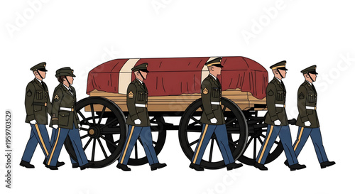 A solemn military funeral procession with six soldiers carrying a coffin on a wooden cart