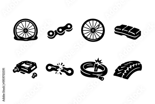 A Comprehensive Collection of Bicycle Parts Illustrations Showcasing Essential Components for Cycling Enthusiasts and Mechanics Alike