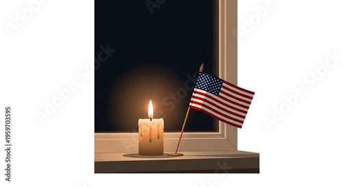 A vector graphic illustration of a lit candle and American flag on a windowsill at night