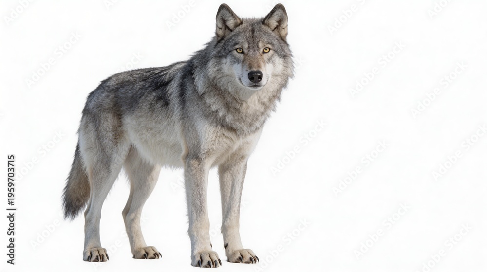 Fototapeta premium a-great-grey-wolf-standing-alert-on-all-fours-shot-from-a-slightly-low-angle-against-a-pure-.jpg, 