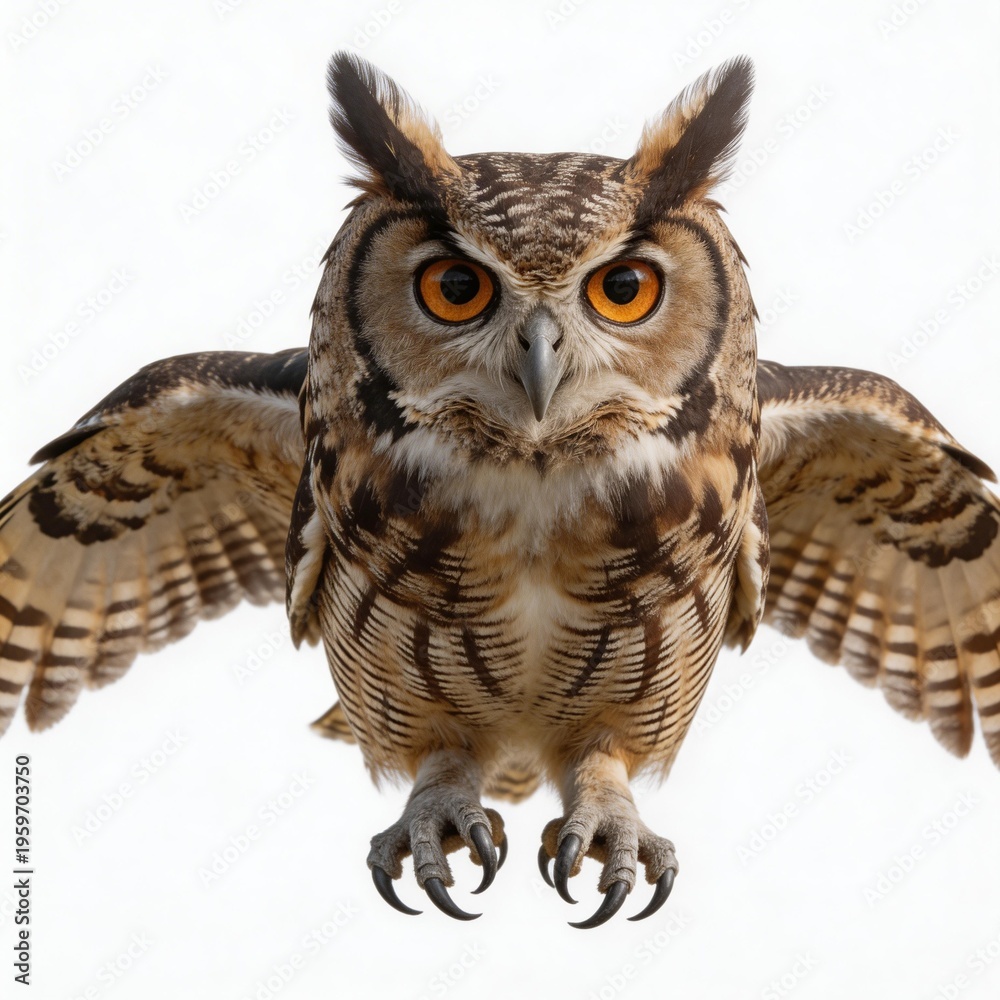 Obraz premium a-great-horned-owl-in-a-frontal-pose-against-a-pure-white-background-wings-slightly-spread-