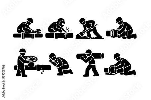 Illustration of Various Plumbing Tasks and Techniques Depicting Skilled Workers Engaged in Pipe Installation and Maintenance Activities