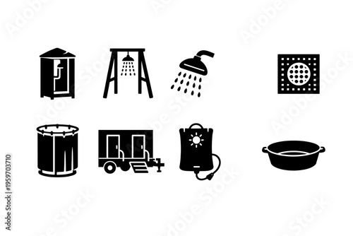 An Overview of Essential Sanitation and Hygiene Facilities Including Showers, Toilets, and Water Containers for Community Use