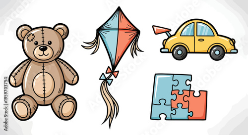 A teddy bear, kite, car, and puzzle pieces are arranged together.