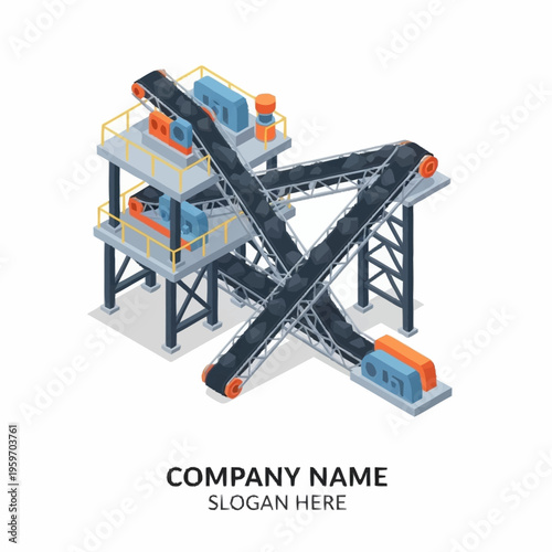 Isometric illustration of an industrial conveyor belt system for material processing and transportation, featuring multiple levels and intersecting belts.
