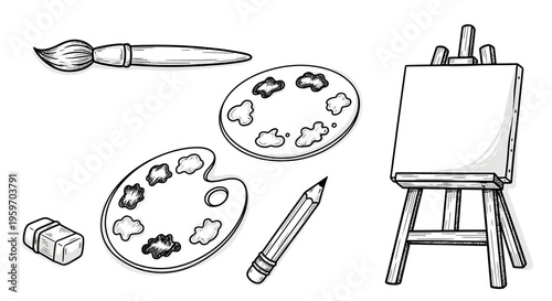 An artist's still life setup includes a canvas on an easel with paintbrushes, paints, and a pencil on a table indoors.