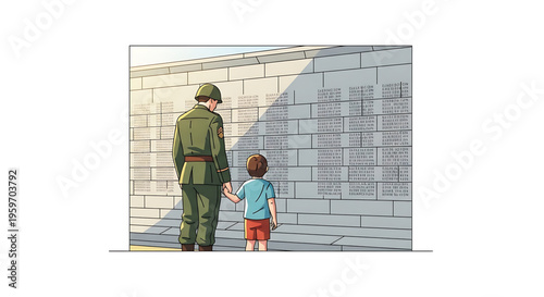 A heartwarming illustration of a soldier and a young boy standing together in front of a memorial wall