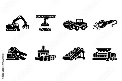 A Fascinating Array of Industrial and Construction Icons Depicting Machinery, Excavation, Material Handling, and Processing Techniques for Efficiency