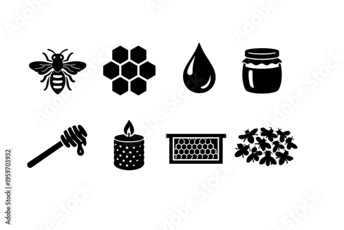 Illustration Featuring Essential Elements of Beekeeping: Bees, Honeycomb, Honey, Jar, and Candle in a Black and White Design