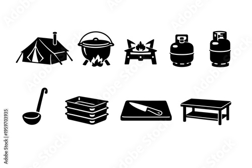 An Essential Guide to Outdoor Cooking Icons Featuring Tent, Campfire, Cooking Equipment, and Food Preparation Tools for Camping Adventures