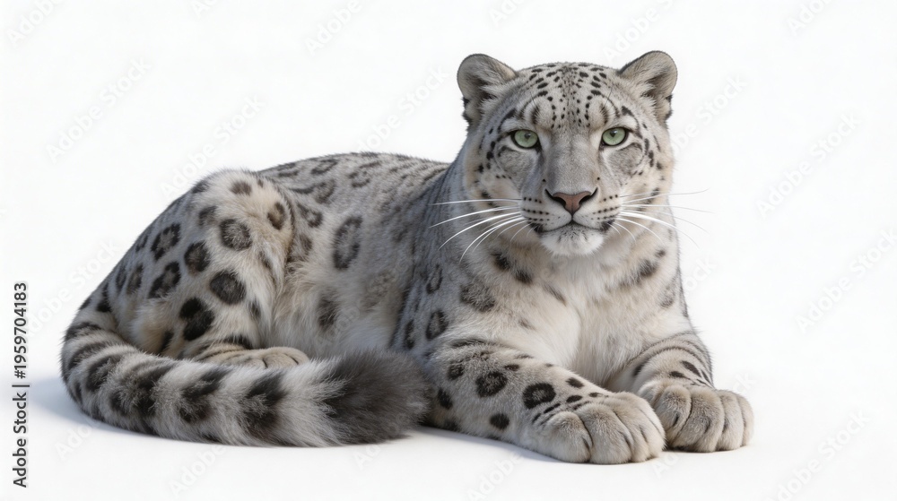 Obraz premium a-snow-leopard-lying-in-a-relaxed-sphinx-pose-against-a-pure-white-background-its-long-thick