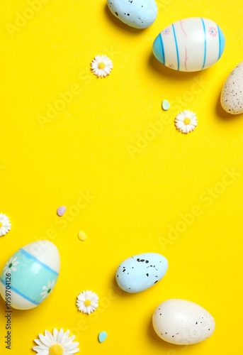 Top vertical view of pastel decorated eggs and small daisies on yellow background, spring celebrations and seasonal decor. Top view