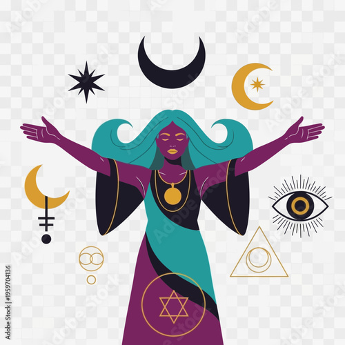 Woman with arms outstretched surrounded by celestial symbols.