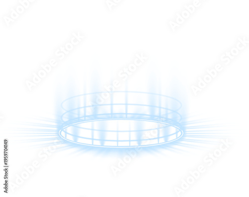 Glowing circular platform with neon sparks floats in darkness. Light rays form a futuristic teleportation ring. Transparent effect suits sci-fi compositions.