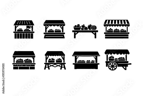 A Collection of Black Silhouettes Depicting Various Fruit Market Stalls with Different Designs and Arrangements Showcasing Fresh Produce