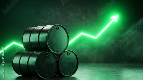 Stack of oil barrels with glowing green stock market arrow. Rising price trend of brent and urals crude oil. Industrial resource energy commodity data analysis.