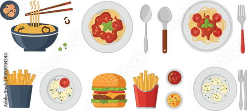 Fast food and pasta dishes illustrations set with burger fries spaghetti noodles and plates vector collection