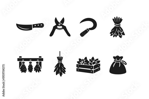 An Artistic Collection of Gardening Tools and Harvesting Symbols Representing Nature's Bounty and Agricultural Work Ethos in Minimalist Style