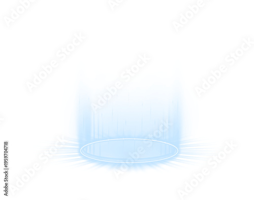 Glowing blue neon platform with holographic circle ring. Light rays create futuristic teleportation effect. Ideal PNG for digital, sci-fi, or gaming designs.