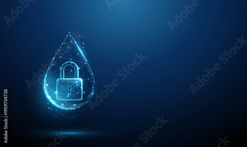 3d blue water drop containing padlock inside. Secured water resources, water privacy concept, controlled access to clean water, smart water infrastructure concept.
