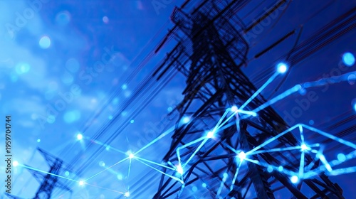 High-voltage towers silhouette against sky with network lines, symbolizing connectivity and energy