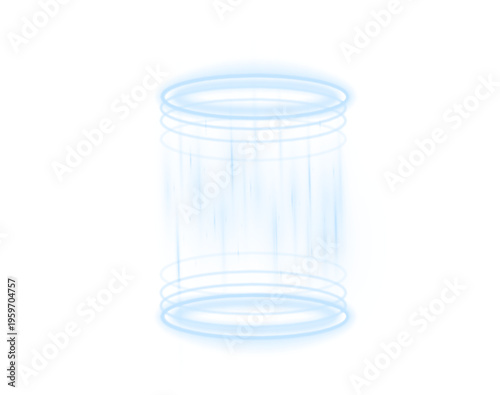 Futuristic blue neon circle with glowing energy particles. Holographic platform creates teleportation illusion. Ideal PNG for UI, tech, or digital compositions.