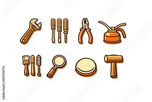 An Illustrated Collection of Essential Hand Tools Featuring Wrenches, Screwdrivers, Pliers, and More on an Artistic Background