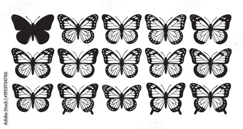 Various butterfly vector shapes with diverse wing structures and spotted details in solid black silhouette